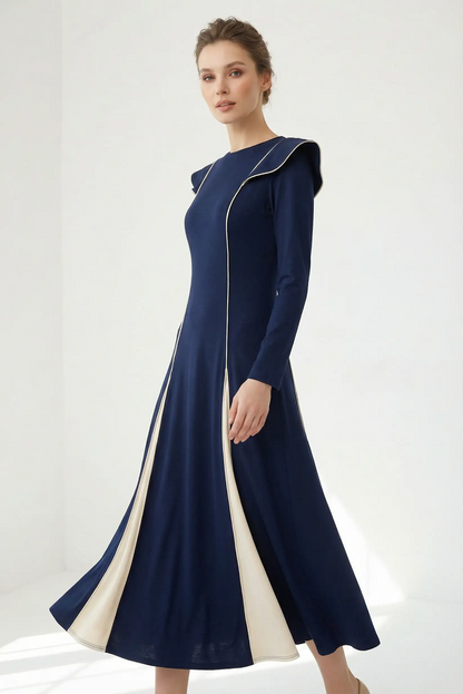 Vestido largo azul marino elegante mujer, manga larga, ideal para eventos, CHICA del Sur