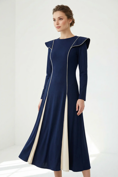 Vestido largo azul mujer elegante con detalles en beige, manga larga, CHICA del Sur moda femenina.