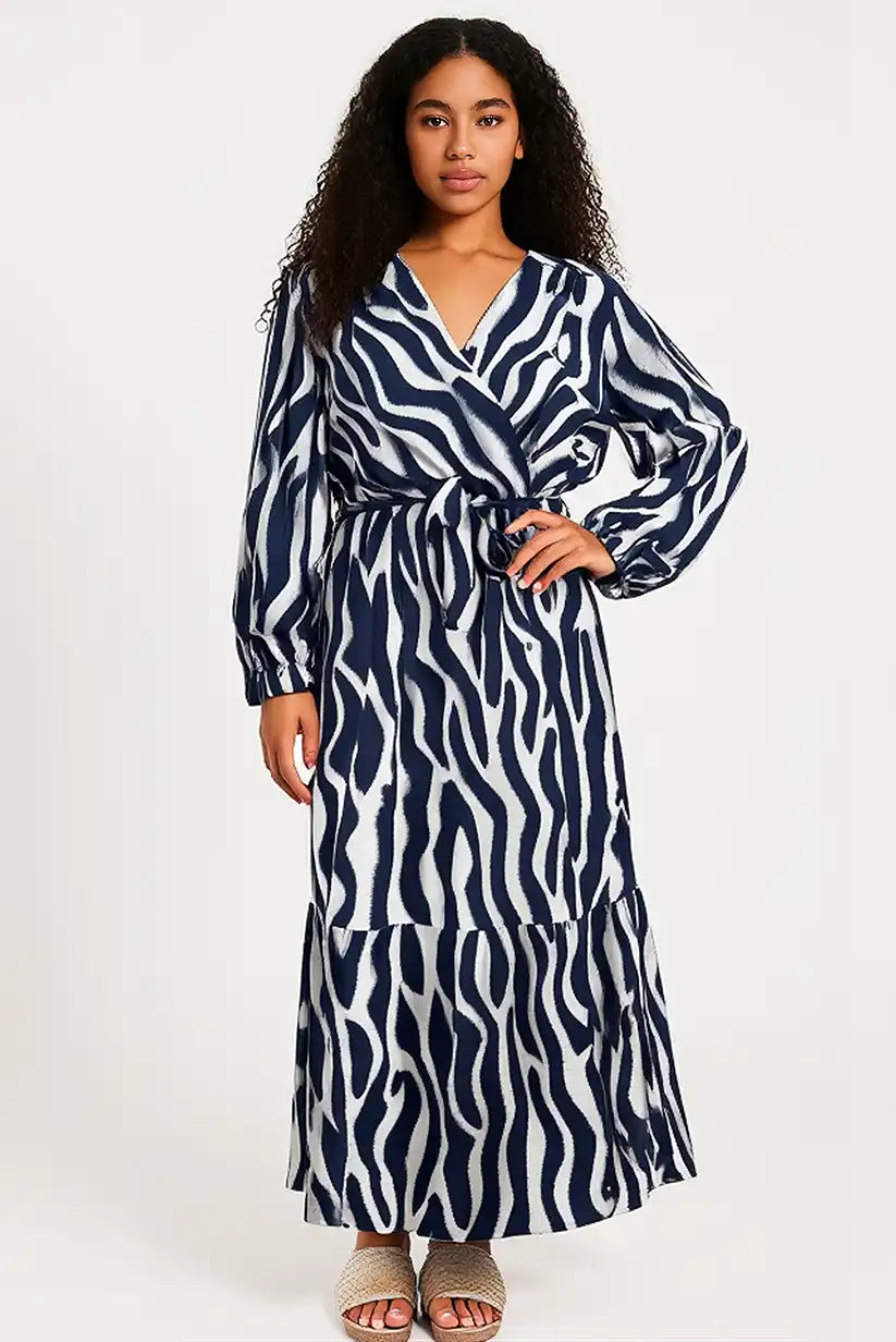 Vestido largo Azul Marino Animal Print con Cinturón Elegante Mujer - CHICA del Sur