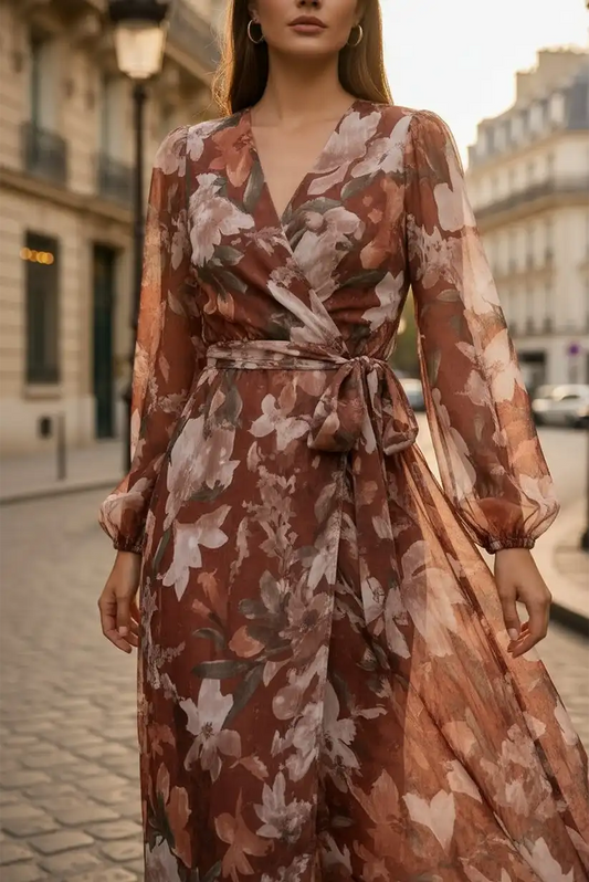 Vestido largo de mujer estampado con manga abullonada - CHICA del Sur