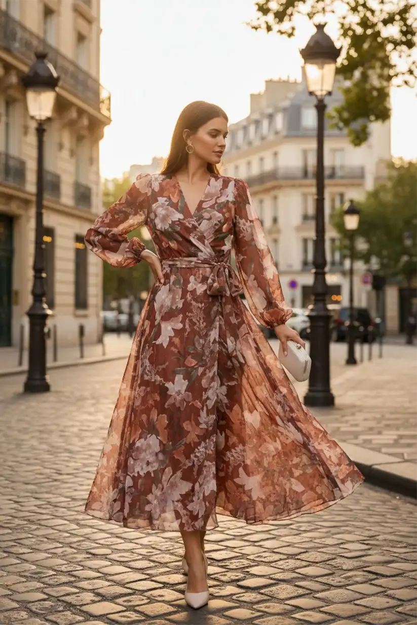 Vestido largo de mujer estampado con manga abullonada - CHICA del Sur