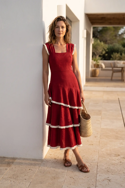 Vestido Largo Rojo para Mujer con Volantes y Detalles en Contraste