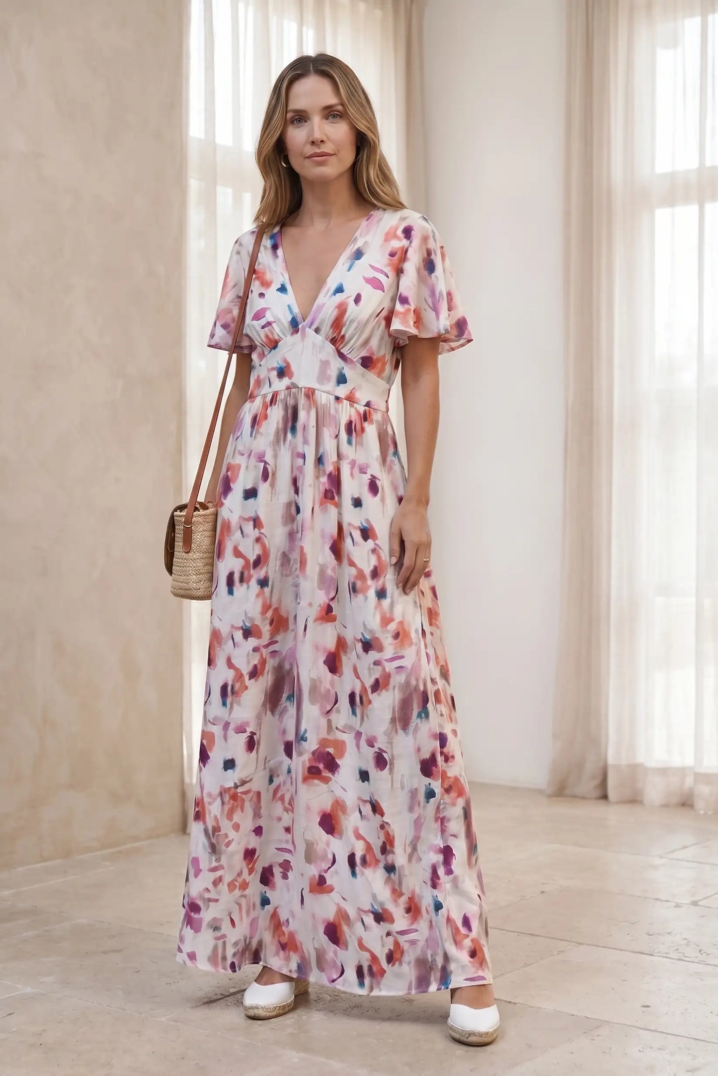 Vestido largo estampado floral con mangas cortas y cuello en V, ideal para looks casuales y estilosos
