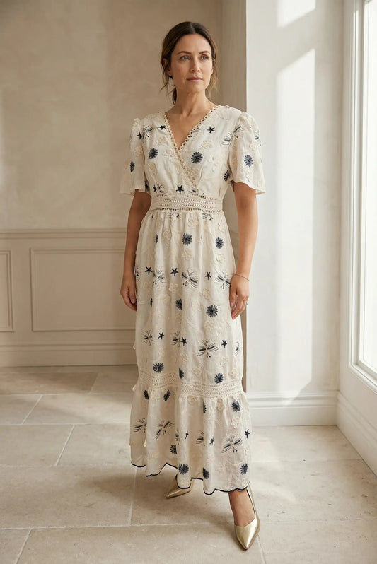 Vestido Mujer Largo Algodón Beige Bordado | Primavera