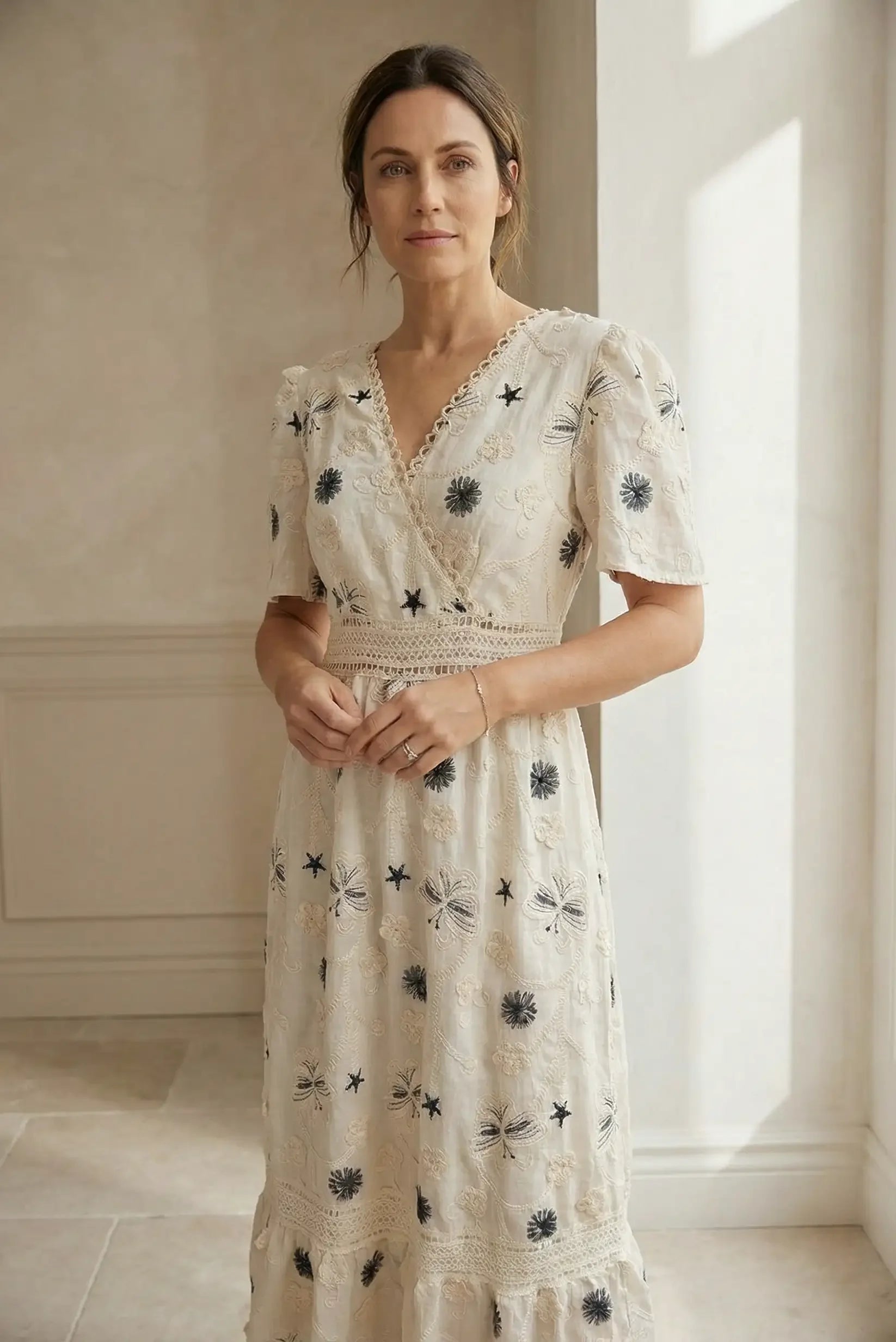 beige embroidered dress cotton maxi for spring 👗 – CHICA del Sur Size:US 8P EmbellishmentType: bow Size Bust (cm/in) Waist Hurxie Women Plus Size