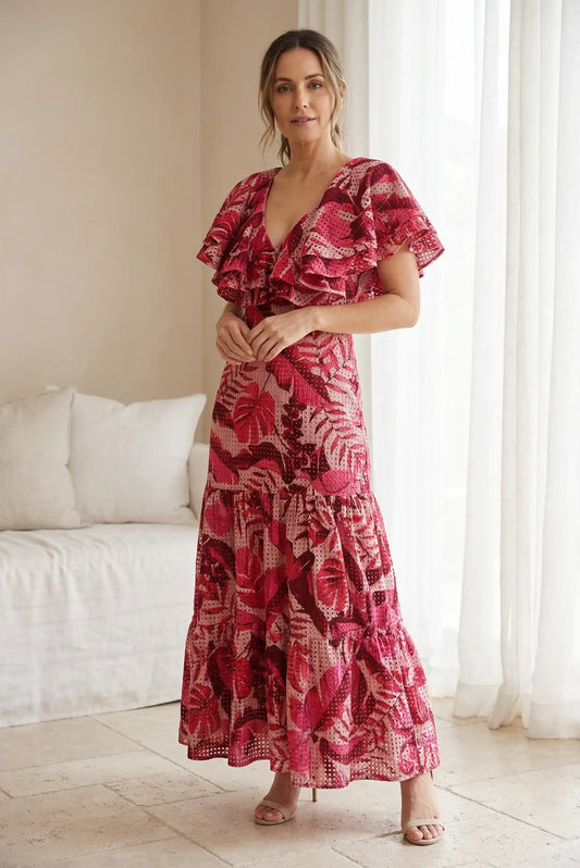 Vestido Mujer Largo Rojo Estampado Floral | Volantes Primavera