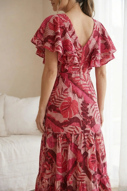 Vestido largo rojo de mujer con estampado floral y mangas cortas tipo volante, ideal primavera