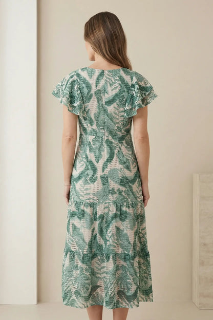 Vestido largo de mujer primavera verde con manga corta y estampado de hojas