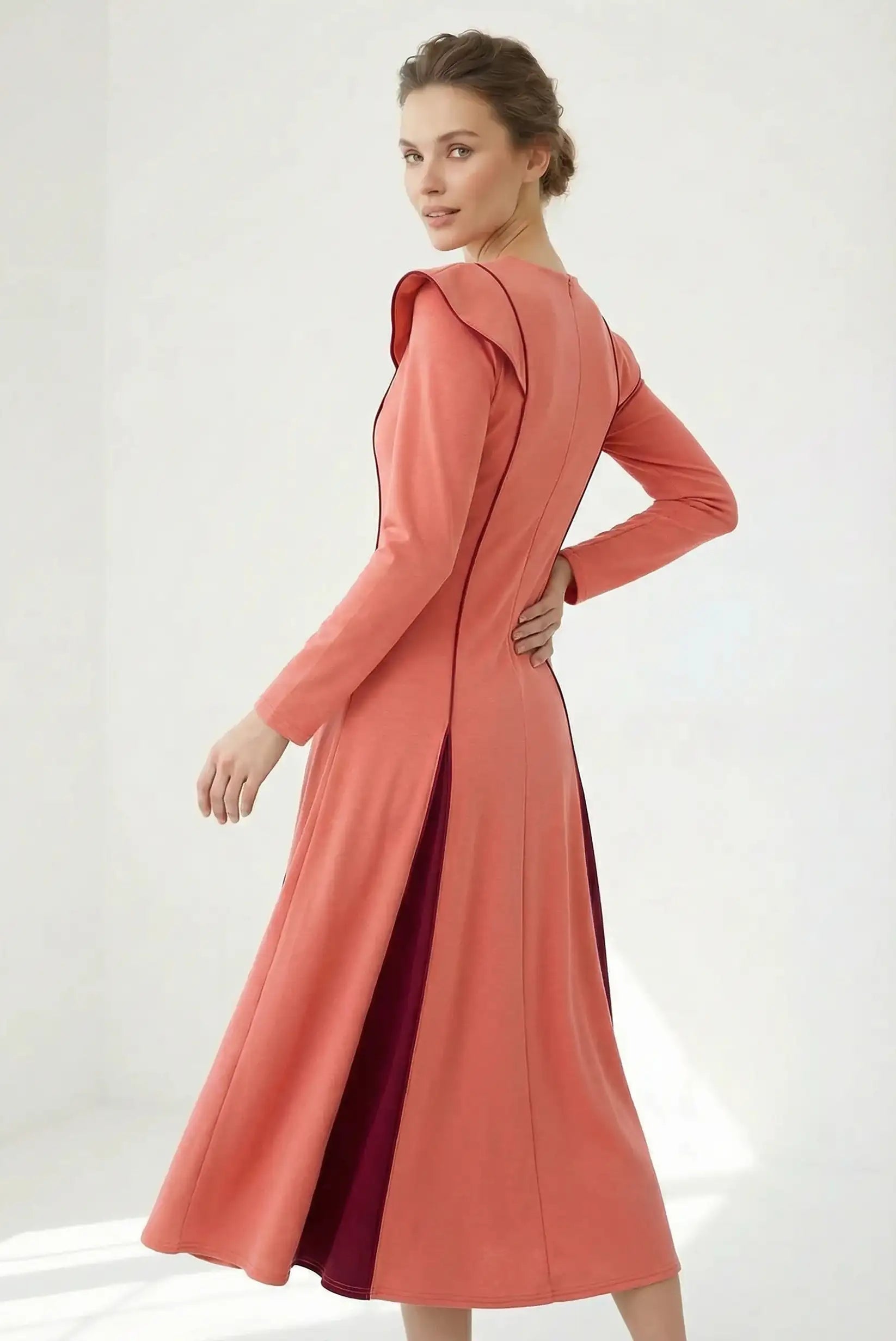 Vestido largo mujer color salmón, manga larga, moda primavera CHICA del Sur