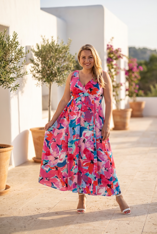 Vestido largo estampado floral en tonos rosas y azules, ideal para verano y ocasiones especiales.