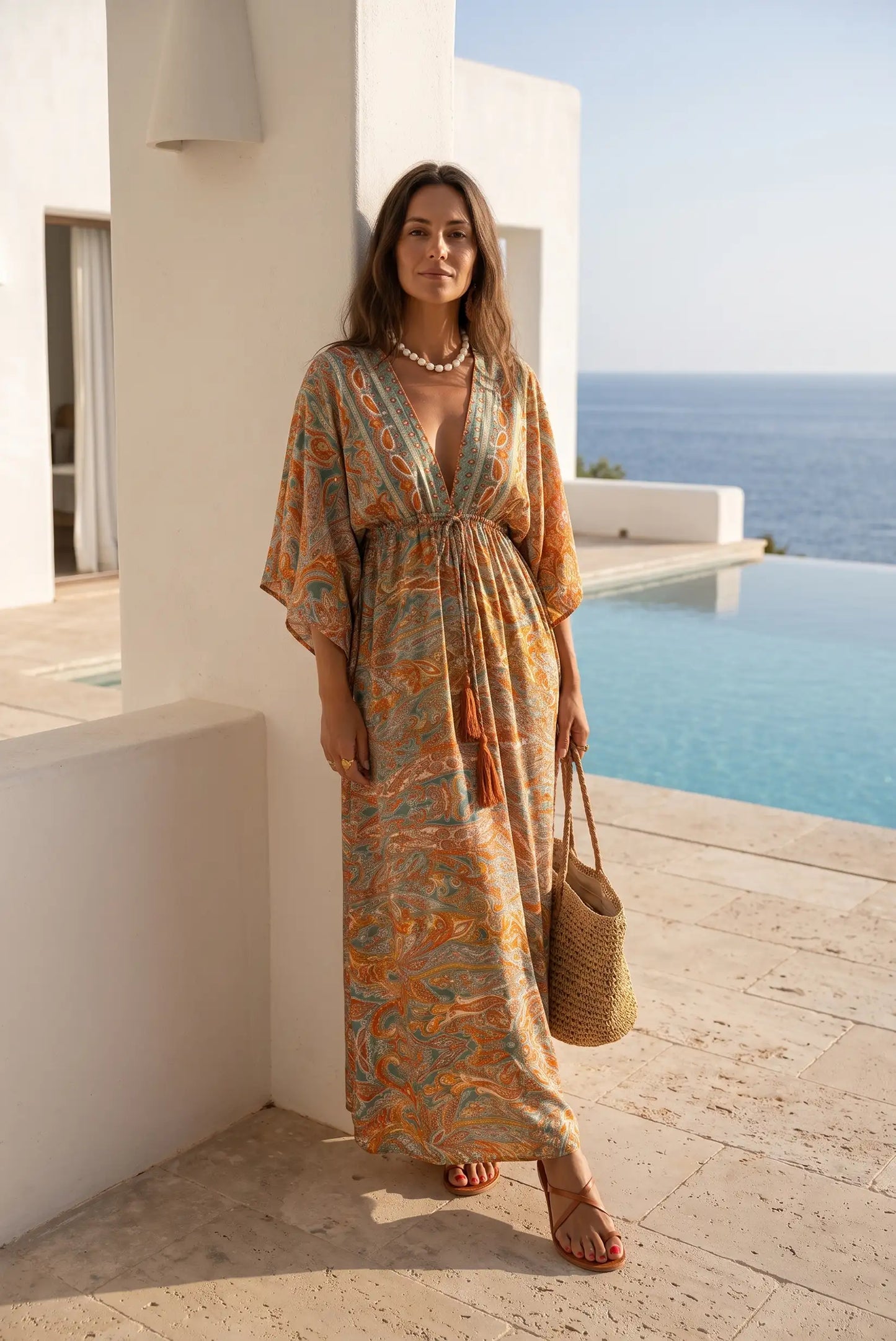 Vestido largo estampado boho con cuello en V y bolsa de paja junto a piscina y mar