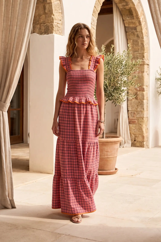 Vestido Largo de Cuadros Rosa para Mujer