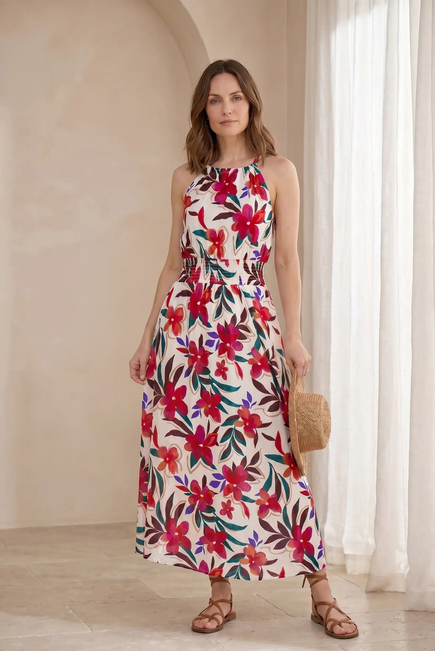 Vestido largo floral con estampado vibrante, ideal para looks casuales y estilosos