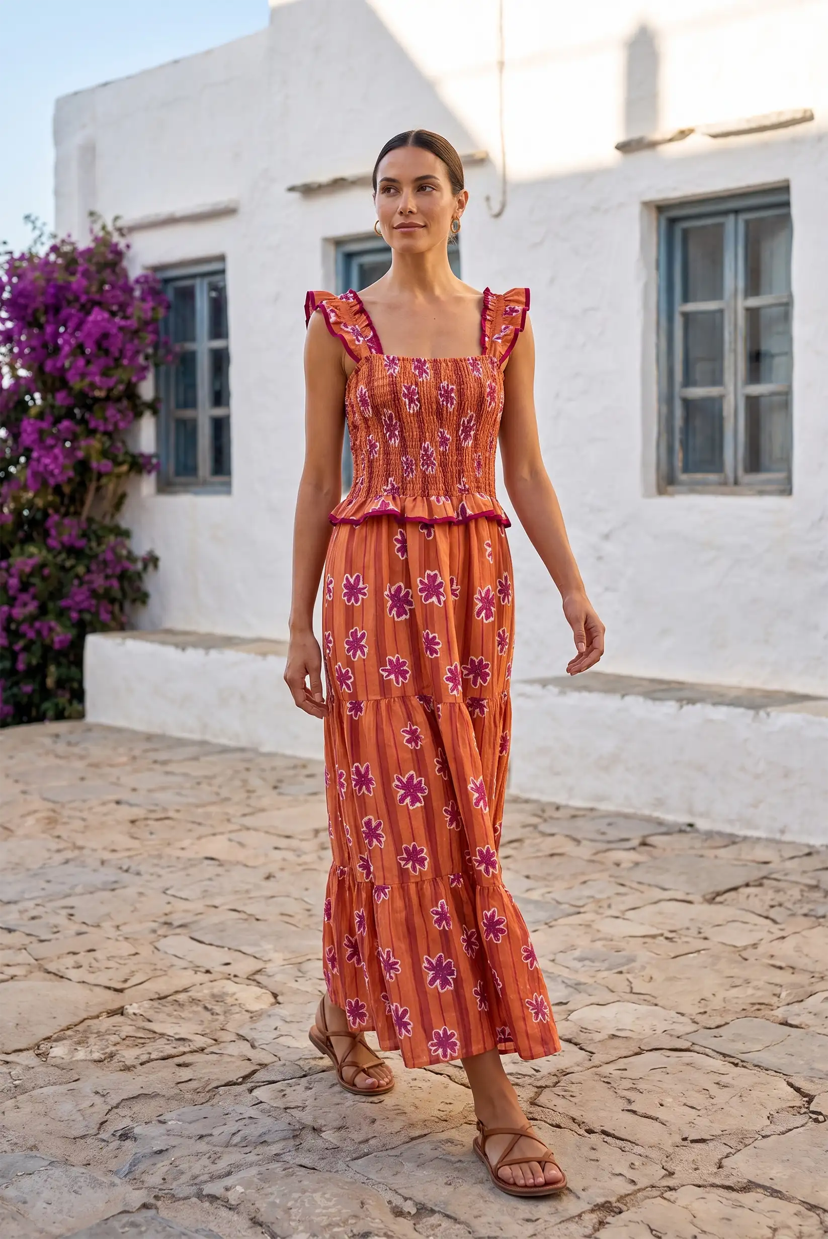 Vestido largo floral naranja con volantes, ideal para verano y paseos en la ciudad