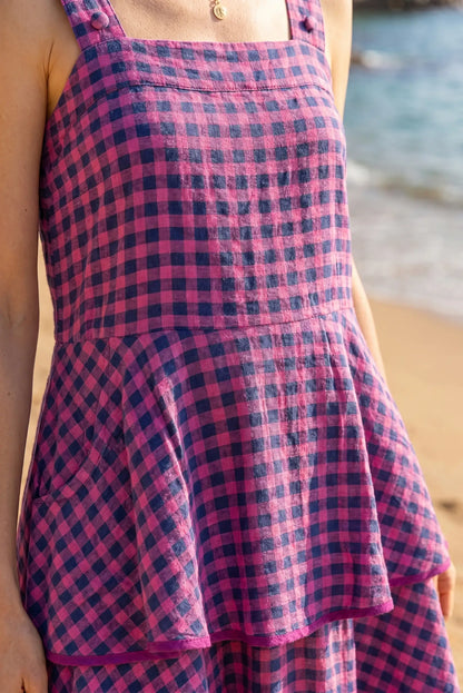 Vestido Midi de Cuadros Fucsia y Azul Marino