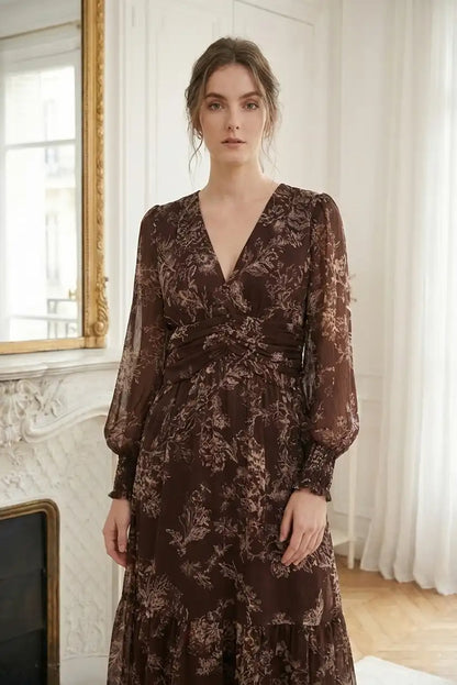 Vestido mujer marrón midi estampado floral - CHICA del Sur