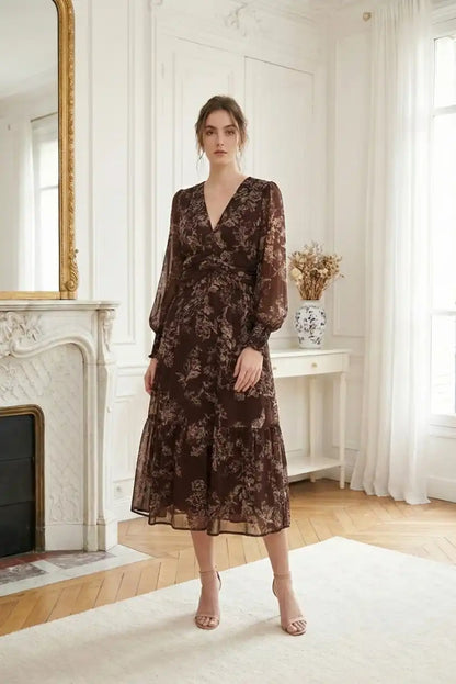 Vestido mujer marrón midi estampado floral - CHICA del Sur