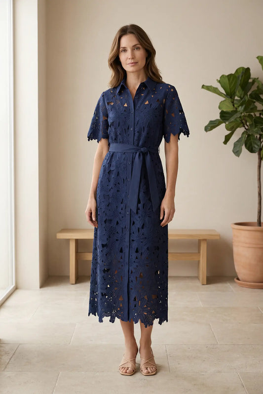 Vestido largo azul marino de encaje para mujer, manga corta, ideal para eventos especiales.