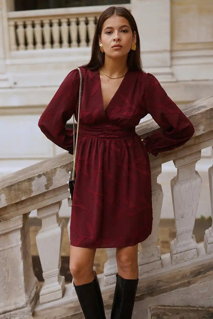 Vestido corto burdeos mujer manga larga cruzado elegante casual - CHICA del Sur