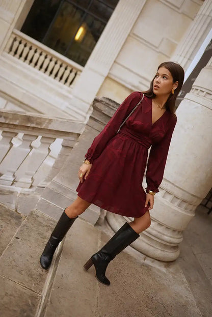 Vestido corto burdeos mujer manga larga cruzado elegante casual - CHICA del Sur