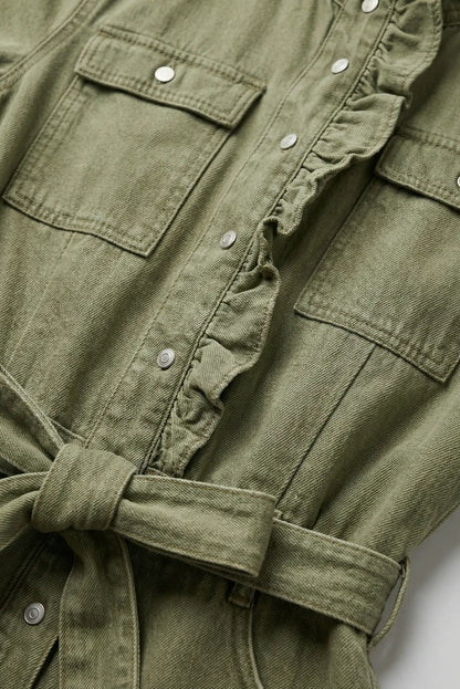 Vestido Camisero denim corto Verde Olivia con volante y cinturón