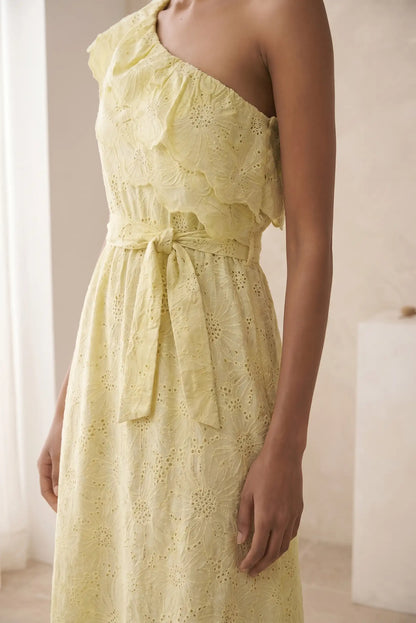 Vestido largo amarillo volantes Primavera