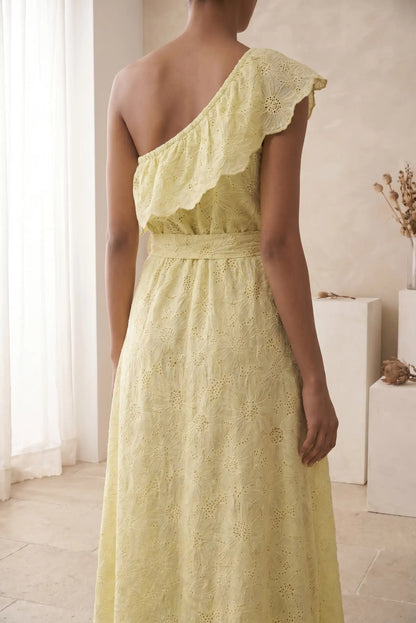 Vestido largo amarillo volantes Primavera