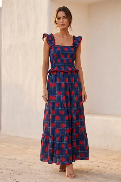 Vestido Largo Azul Marino para Mujer con Estampado de Frutas y Nido de Abeja