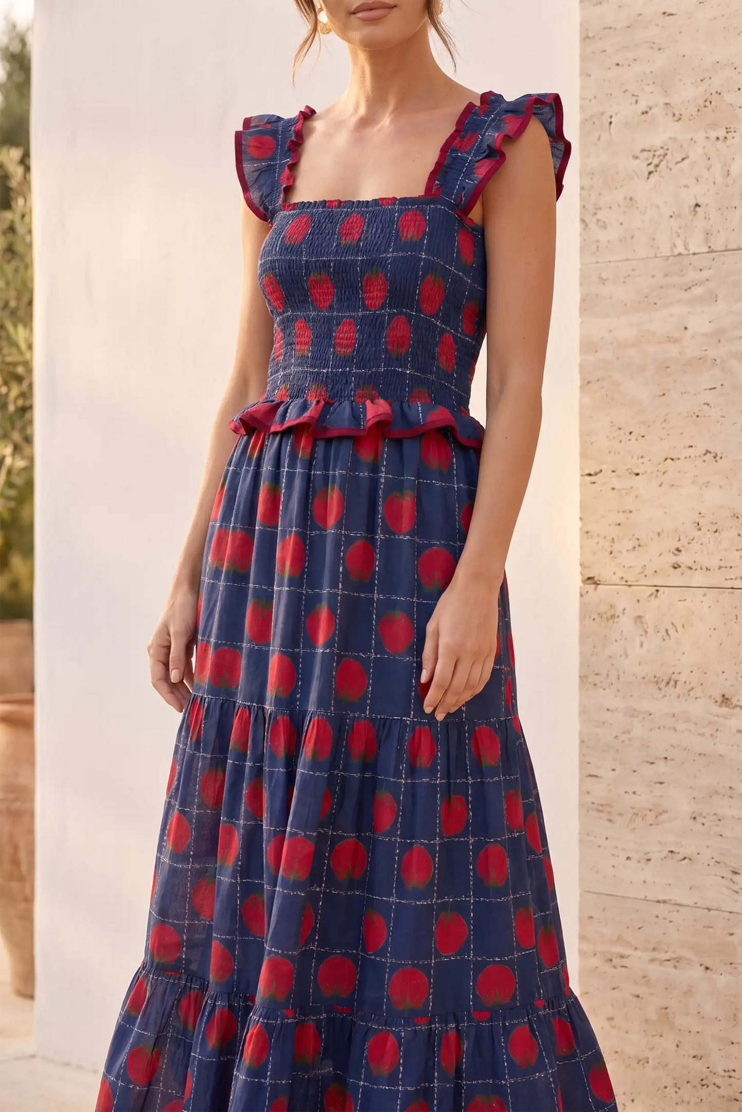 Vestido Largo Azul Marino para Mujer con Estampado de Frutas y Nido de Abeja