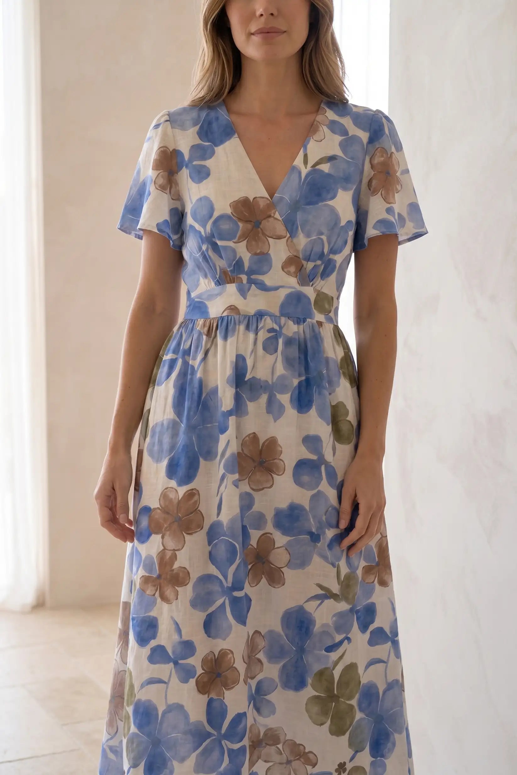 Vestido largo de mujer con estampado floral azul y beige, manga corta, estilo primavera verano