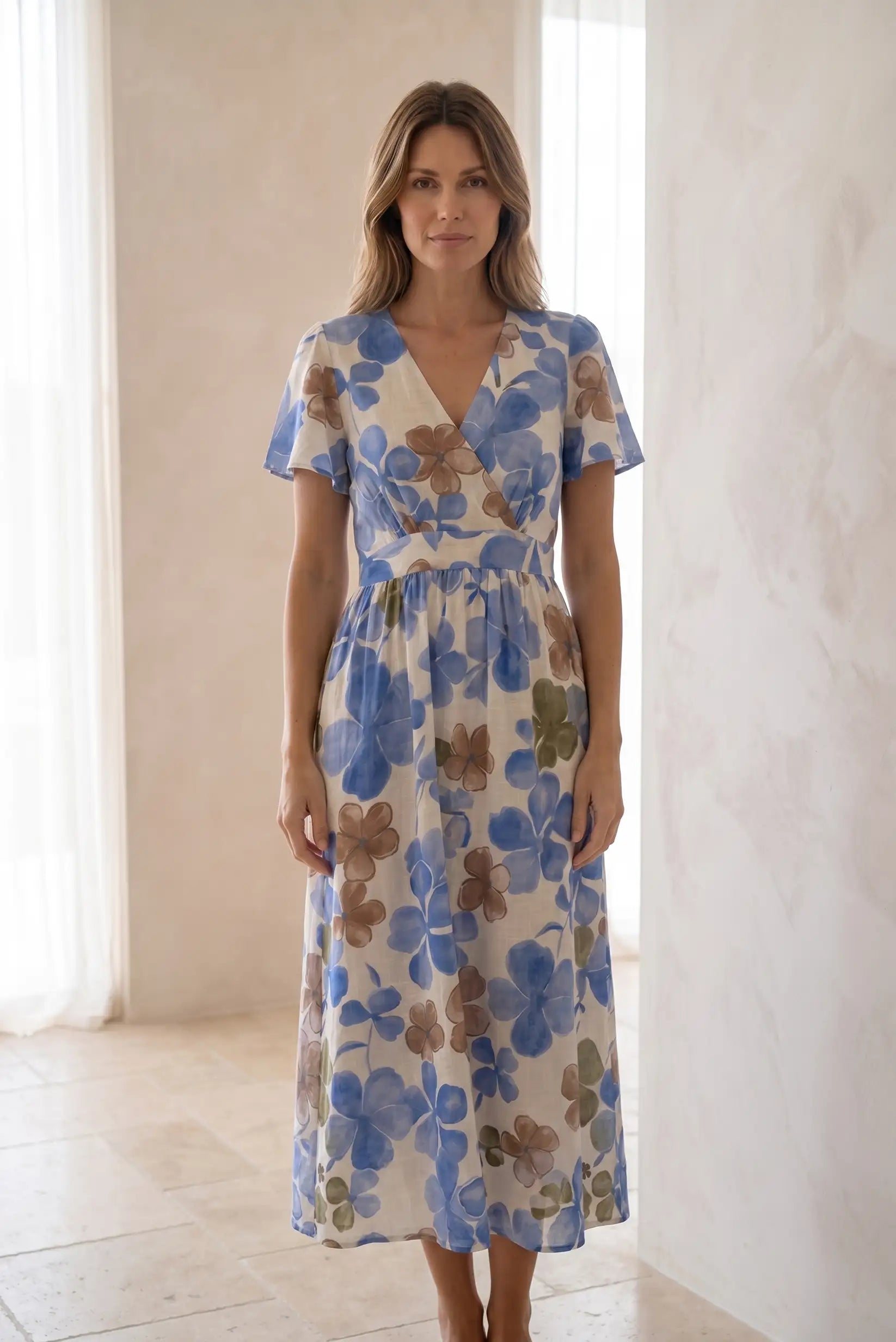Mujer con vestido largo estampado floral azul y beige, ideal primavera verano, estilo casual
