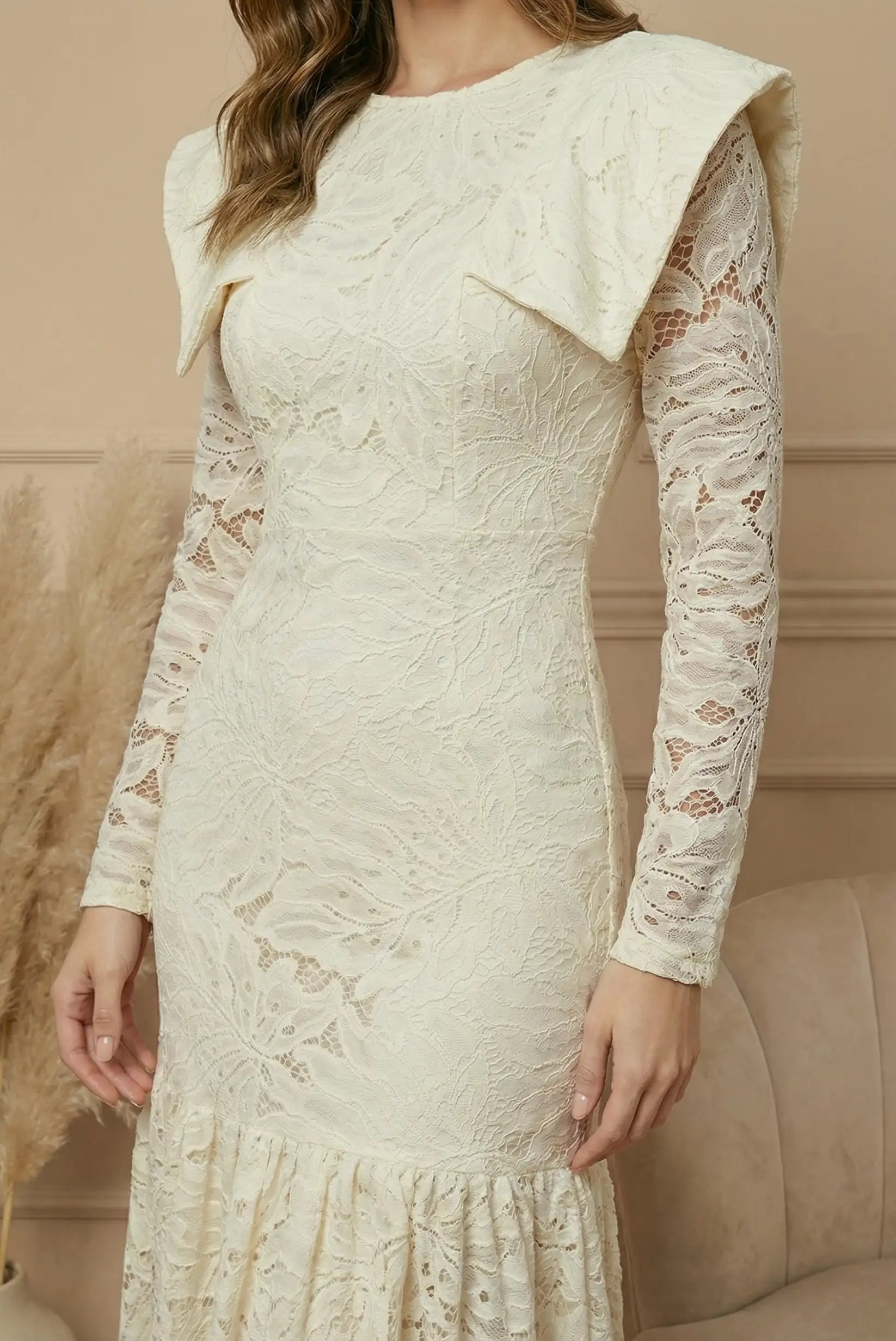 Vestido largo mujer encaje blanco roto manga larga, ideal para eventos, CHICA del Sur