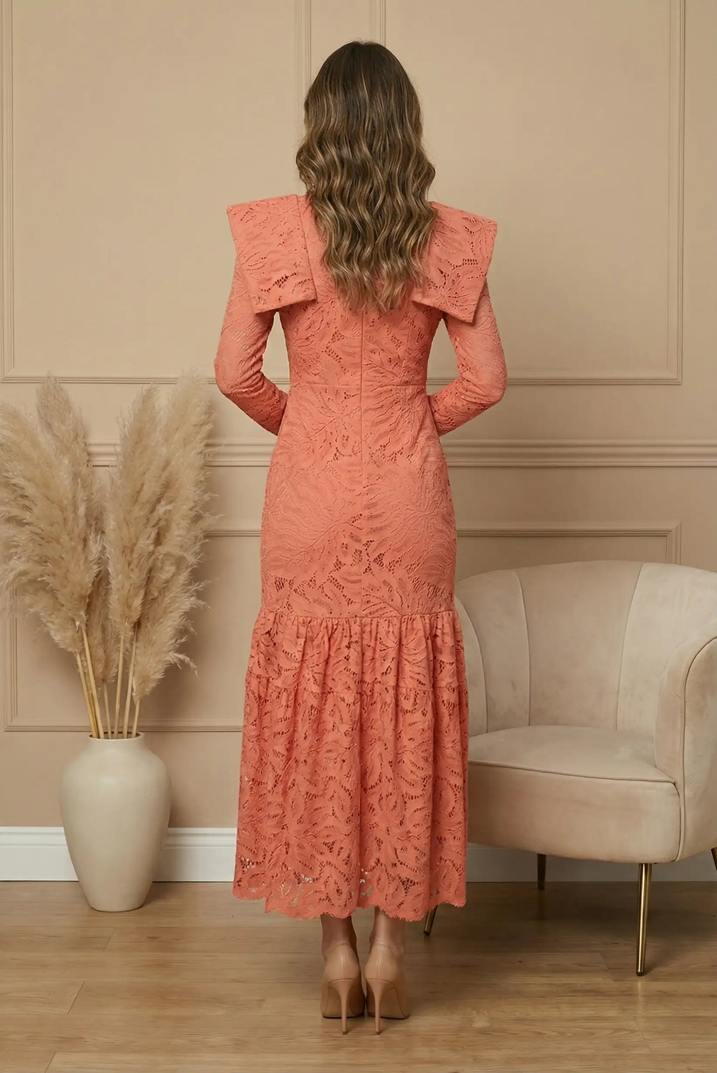 Vestido largo de encaje salmón para mujer, manga larga, ideal para eventos, CHICA del Sur