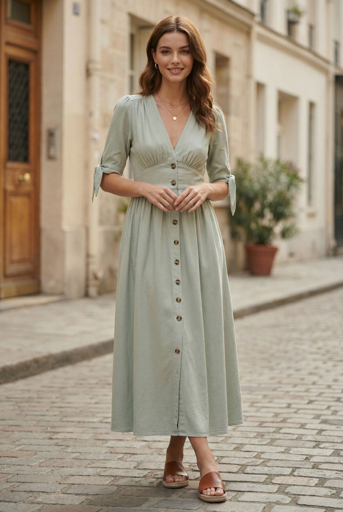 Vestido Largo Verde Salvia algodón lavado con botones y manga ajustable primavera