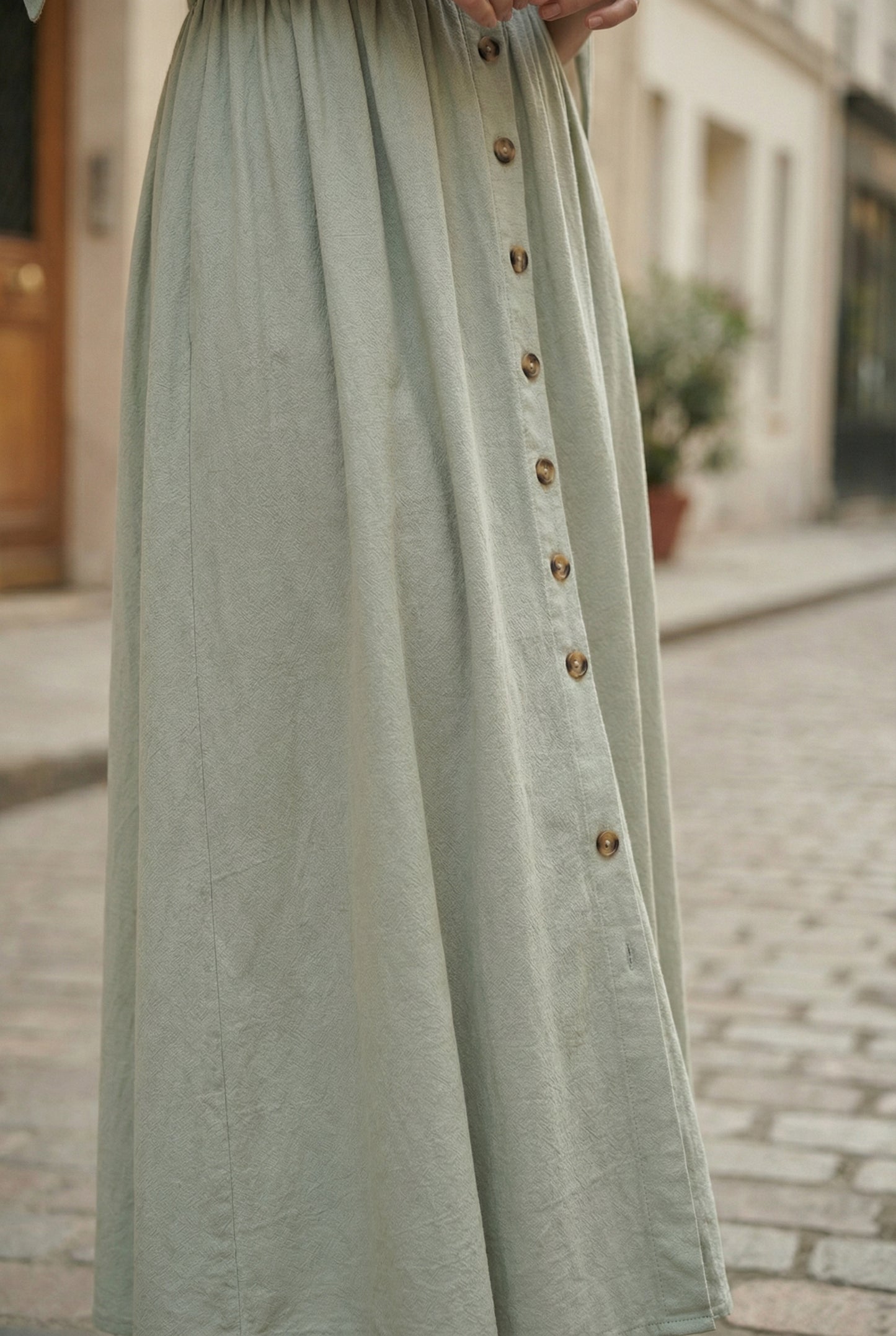 Vestido Largo Verde Salvia algodón lavado con botones y manga ajustable primavera