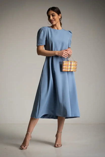 Vestido azul celeste midi con cinturón elegante manga corta mujer - CHICA del Sur