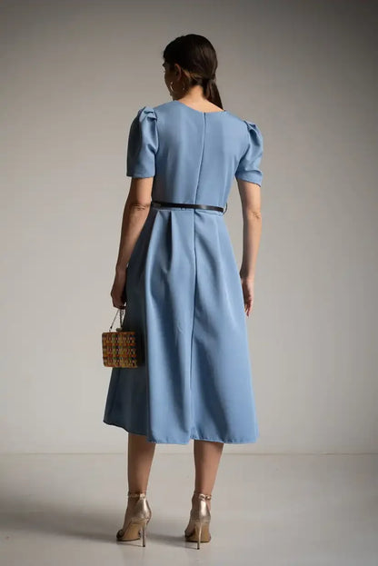 Vestido azul celeste midi con cinturón elegante manga corta mujer - CHICA del Sur