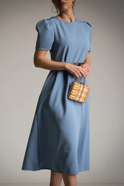 Vestido azul celeste midi con cinturón elegante manga corta mujer - CHICA del Sur