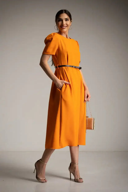 Vestido Midi Naranja Mujer con Cinturón y Manga Corta Elegante - CHICA del Sur