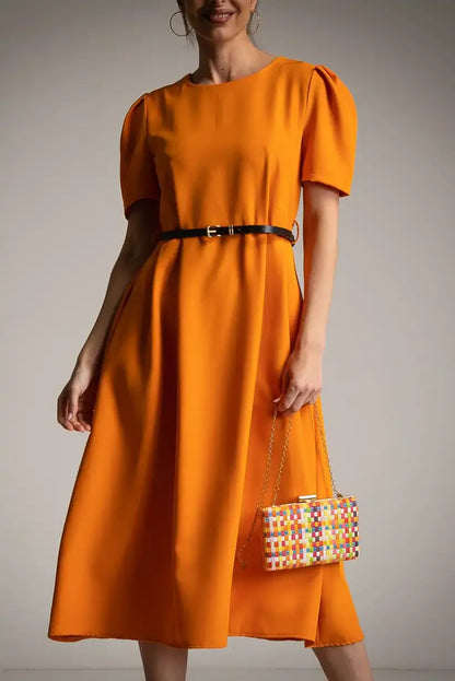 Vestido Midi Naranja Mujer con Cinturón y Manga Corta Elegante - CHICA del Sur