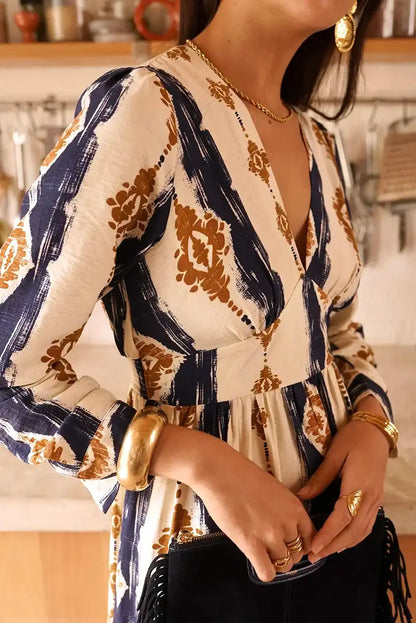 Vestido Largo Estampado Geométrico Azul Marino Manga Larga Elegante - CHICA del Sur