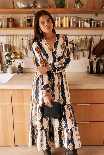 Vestido Largo Estampado Geométrico Azul Marino Manga Larga Elegante - CHICA del Sur