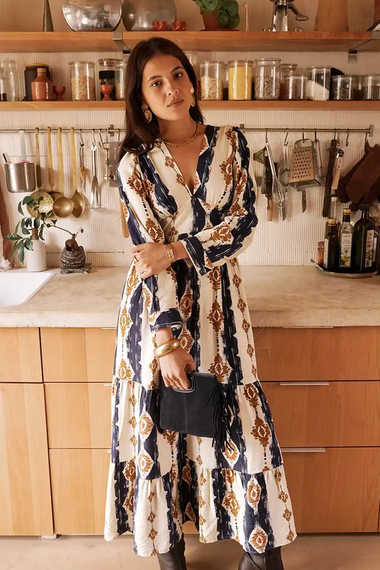 Vestido Largo Estampado Geométrico Azul Marino Manga Larga Elegante - CHICA del Sur