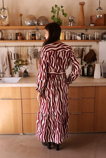 Vestido largo Burdeos Estampado Animal con Cinturón Elegante Mujer - CHICA del Sur