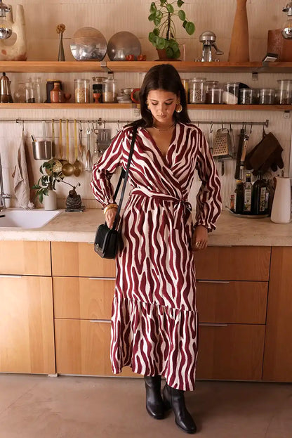 Vestido largo Burdeos Estampado Animal con Cinturón Elegante Mujer - CHICA del Sur