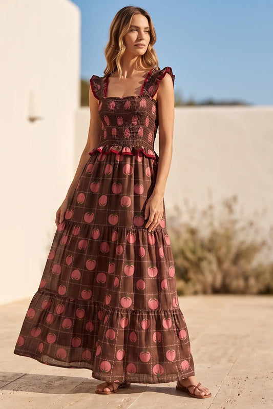 Vestido Largo de Mujer Marrón con Estampado de Frutas y Nido de Abeja