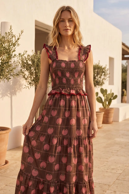 Vestido Largo de Mujer Marrón con Estampado de Frutas y Nido de Abeja
