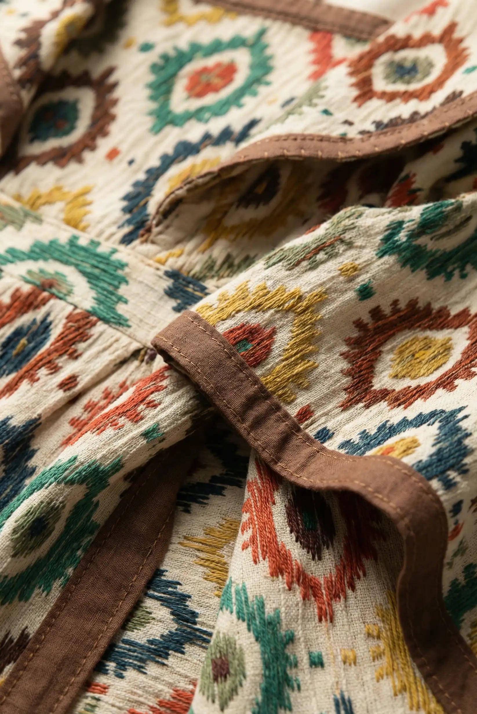 Detalle de tela de vestido mujer multicolor con manga francesa, estilo boho CHICA del Sur