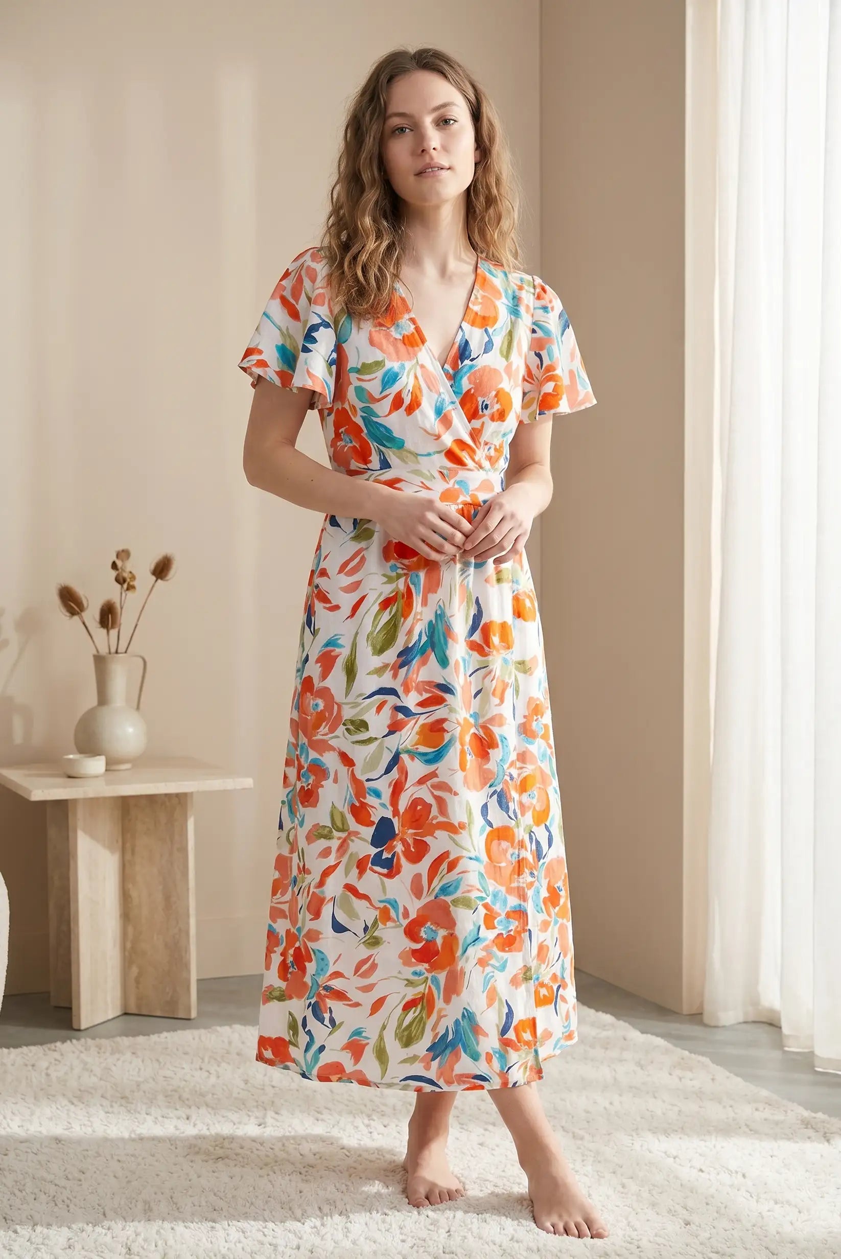 Mujer con vestido largo de primavera, estampado floral multicolor, en ambiente luminoso
