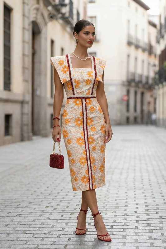 Mujer con vestido midi de primavera naranja claro con flores y sandalias rojas en la calle